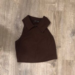 Brown Collared Sleeveless Top